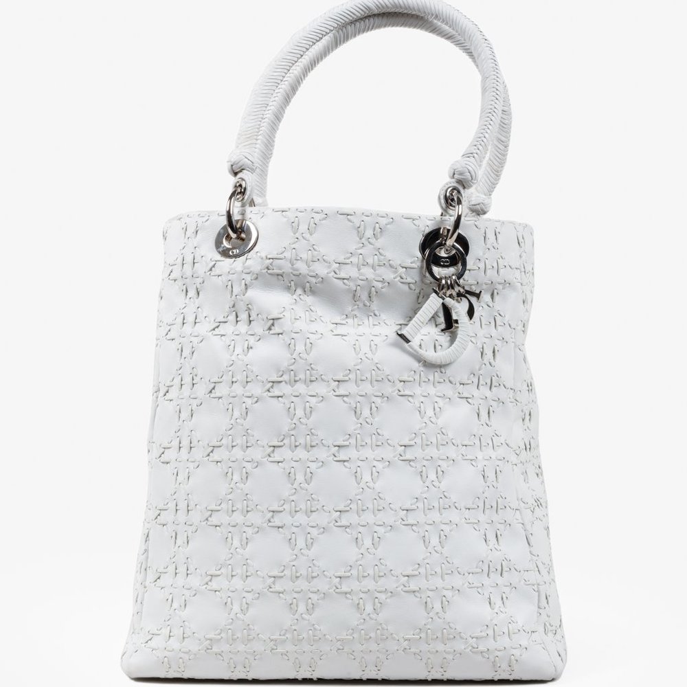 Christian Dior White Lambskin Stitched Woven Lady Dior Tote